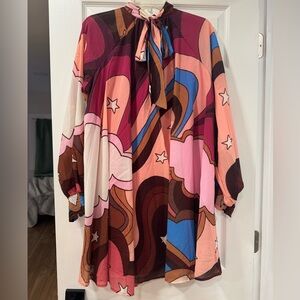 NWT Aura dress with clouds and stars, pink and brown - Size Large